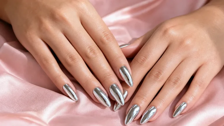 A hero close-up of long almond nails in a bright silver mirror chrome reflecting soft light, on light-medium skin, the relaxed hand resting on soft-pink fabric