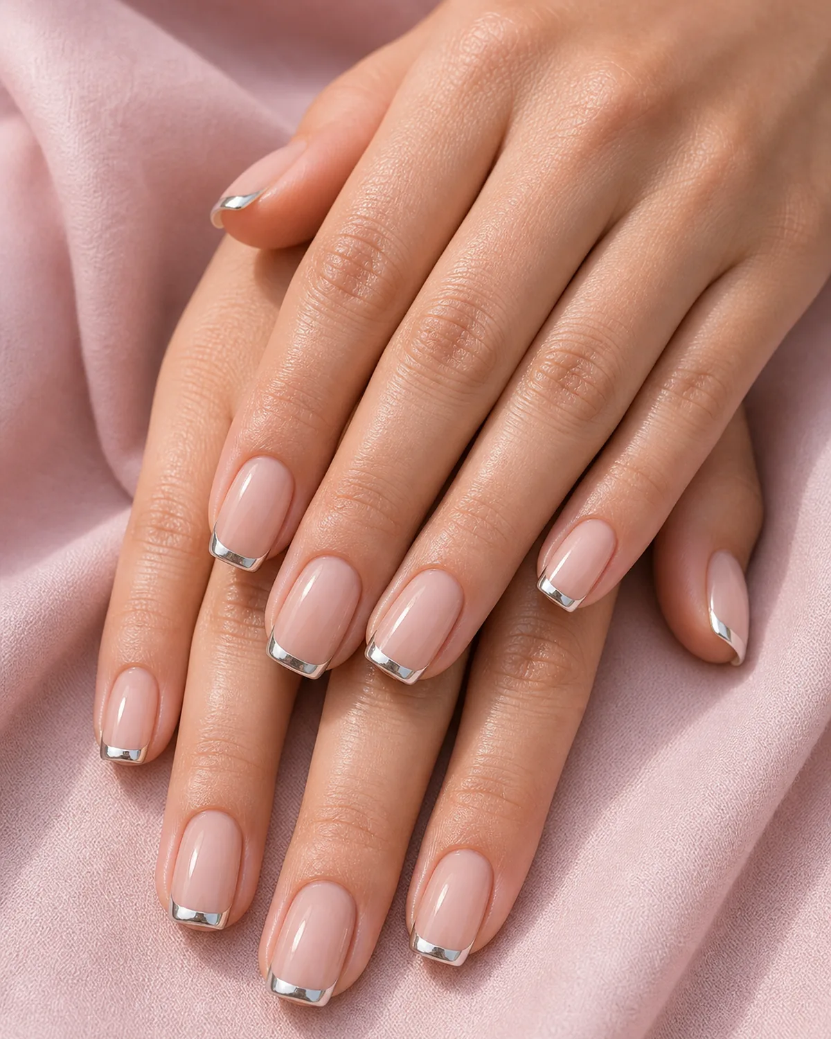 Close-up of squoval nails with a sheer nude base and thin silver chrome French tips, on light-medium skin against soft-pink fabric