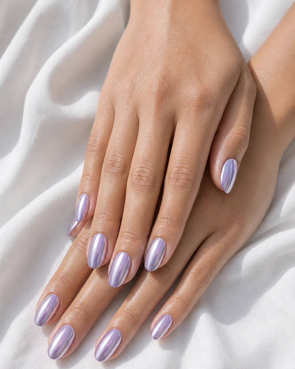Close-up of oval nails in a lavender chrome that shifts lilac to silver, on medium skin against white fabric