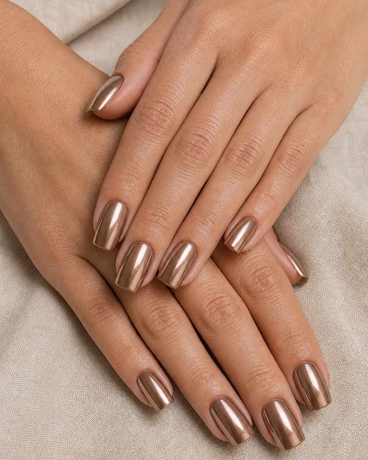 Close-up of squoval nails in a warm milky mocha brown chrome, soft sheen, on light-medium skin resting on oat linen