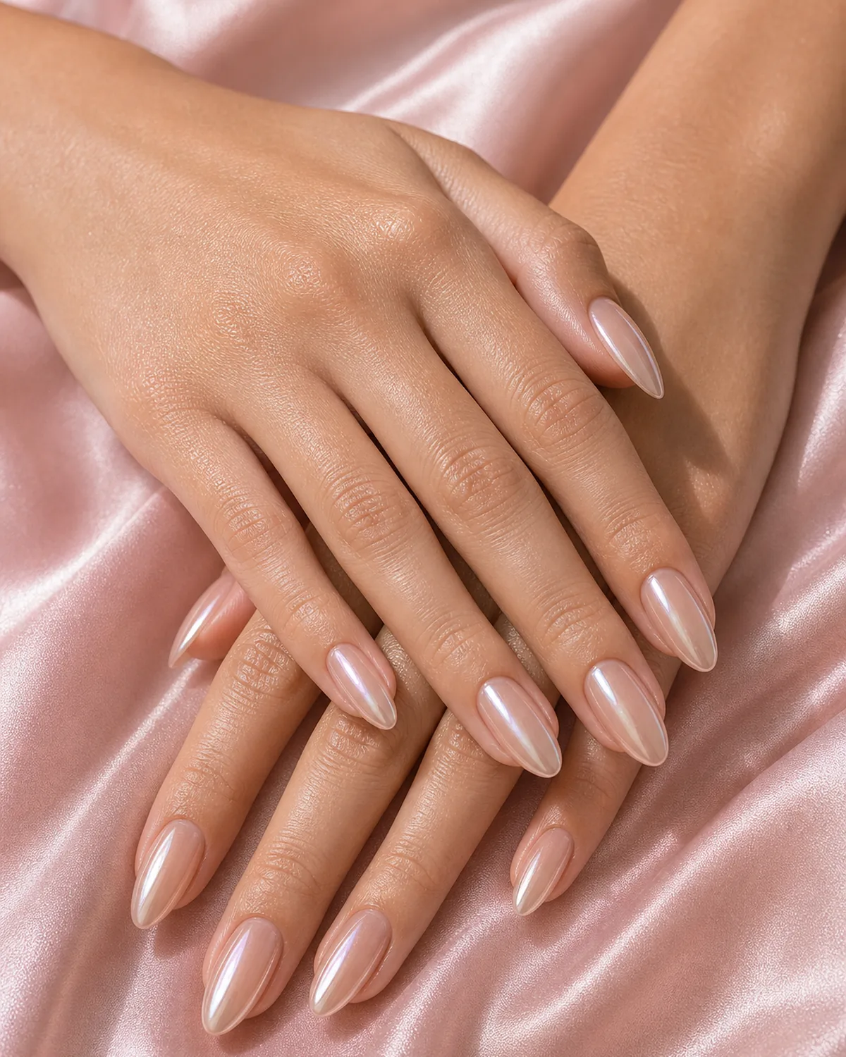 Close-up of almond nails in a bare nude with a faint sheer silver chrome wash, a barely-there metallic cast, on light-medium skin resting on soft-pink silk
