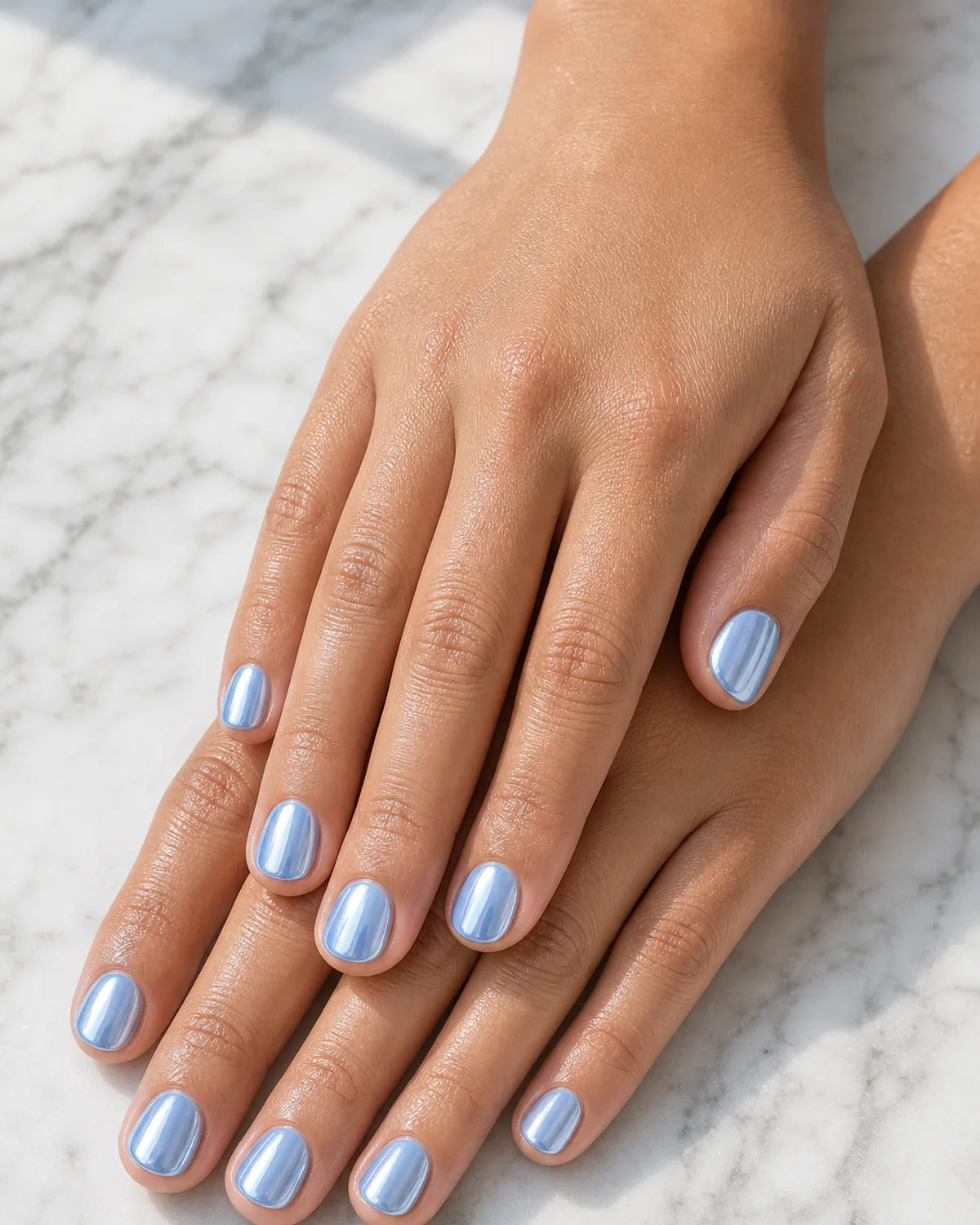 Close-up of short round nails in a soft periwinkle sky blue chrome, on tan skin resting on pale marble