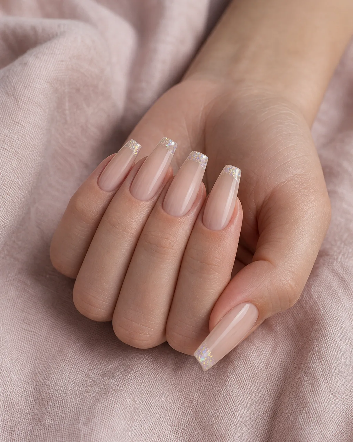 Close-up of long coffin nails in a soft nude body with a tip-confined aurora glitter accent at the flat-cut tip only, tapered side walls and squared free edge, on light skin resting on soft-pink linen under soft daylight
