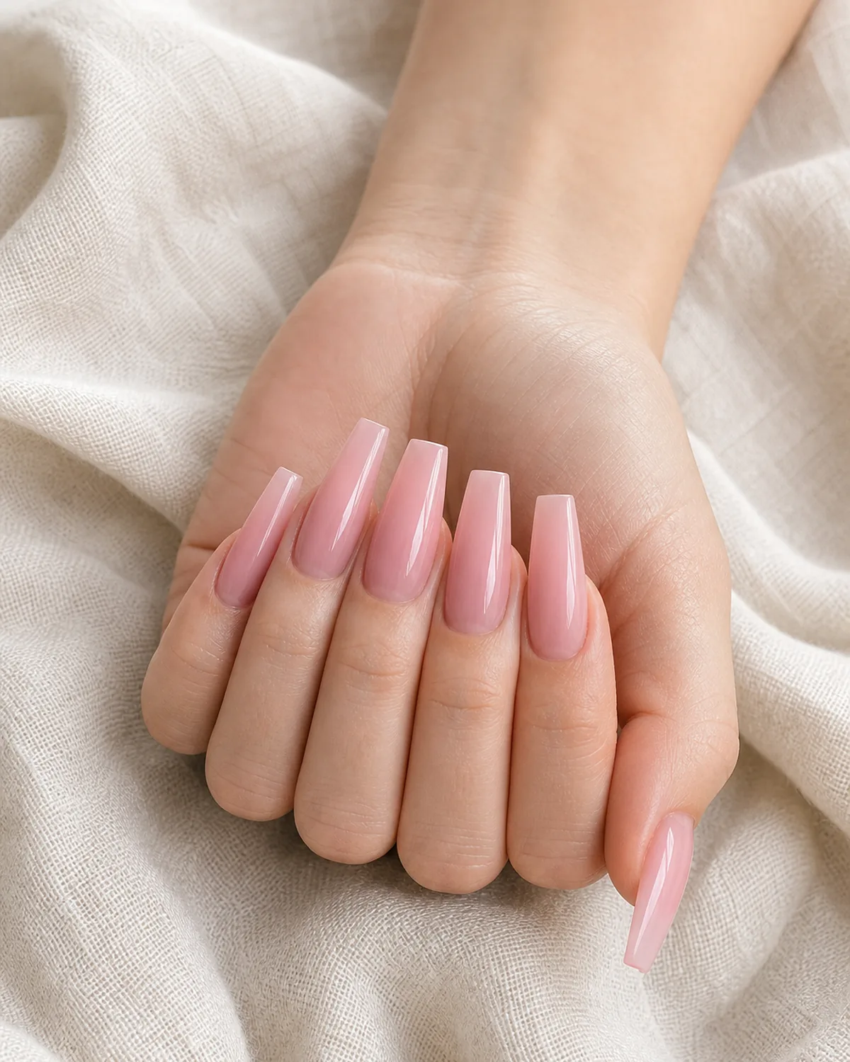Close-up of long coffin nails in semi-sheer pink-wash translucent polish covering the entire nail with tapered side walls and a flat-cut squared free edge, the natural bed glowing softly through, on light skin resting on cream linen