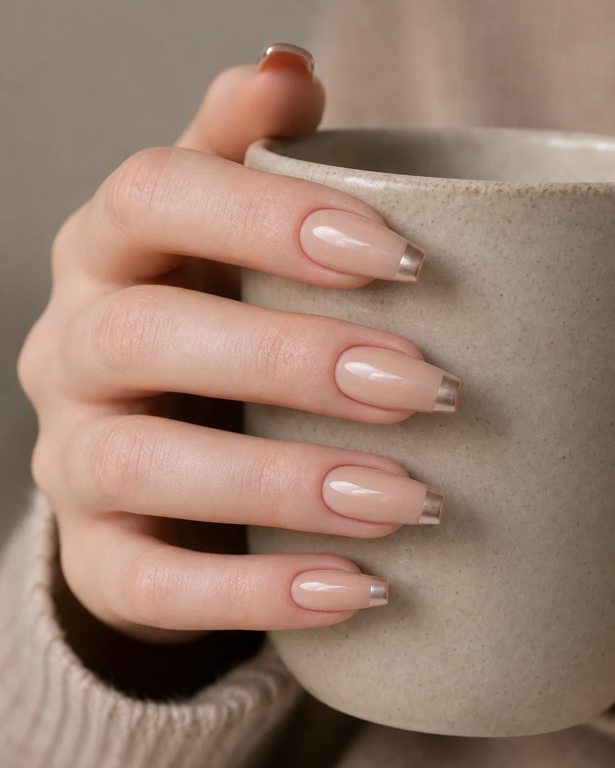 Close-up of medium coffin nails in a soft nude body with a softly buffed chrome accent at the flat-cut tip only, tapered side walls and squared free edge, on fair skin resting on pale marble