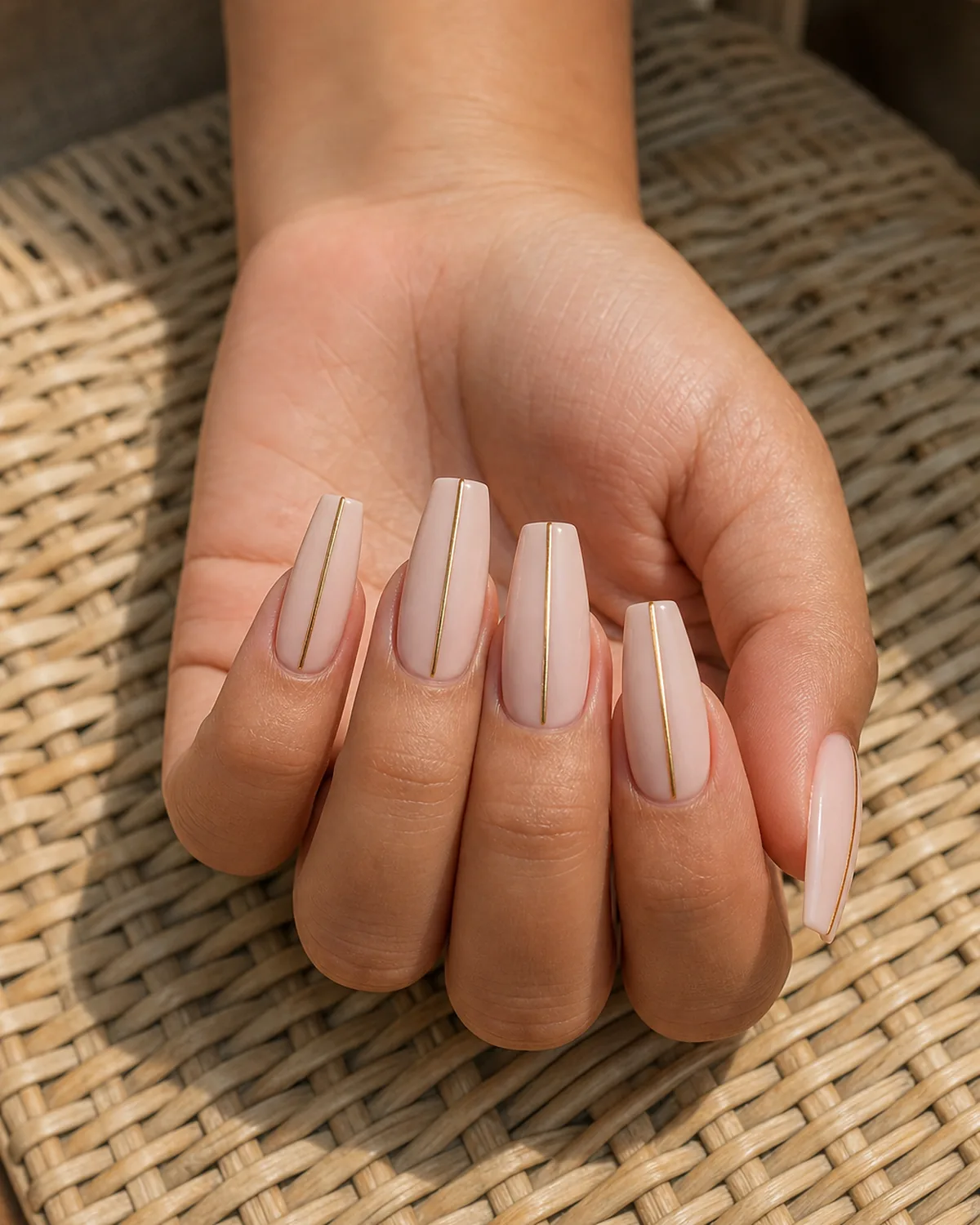 Close-up of medium ballerina coffin nails in a soft nude body with a single thin metallic gold vertical stripe running down the center from cuticle to flat-cut tip, tapered side walls and squared free edge, on medium skin resting on natural rattan under soft daylight