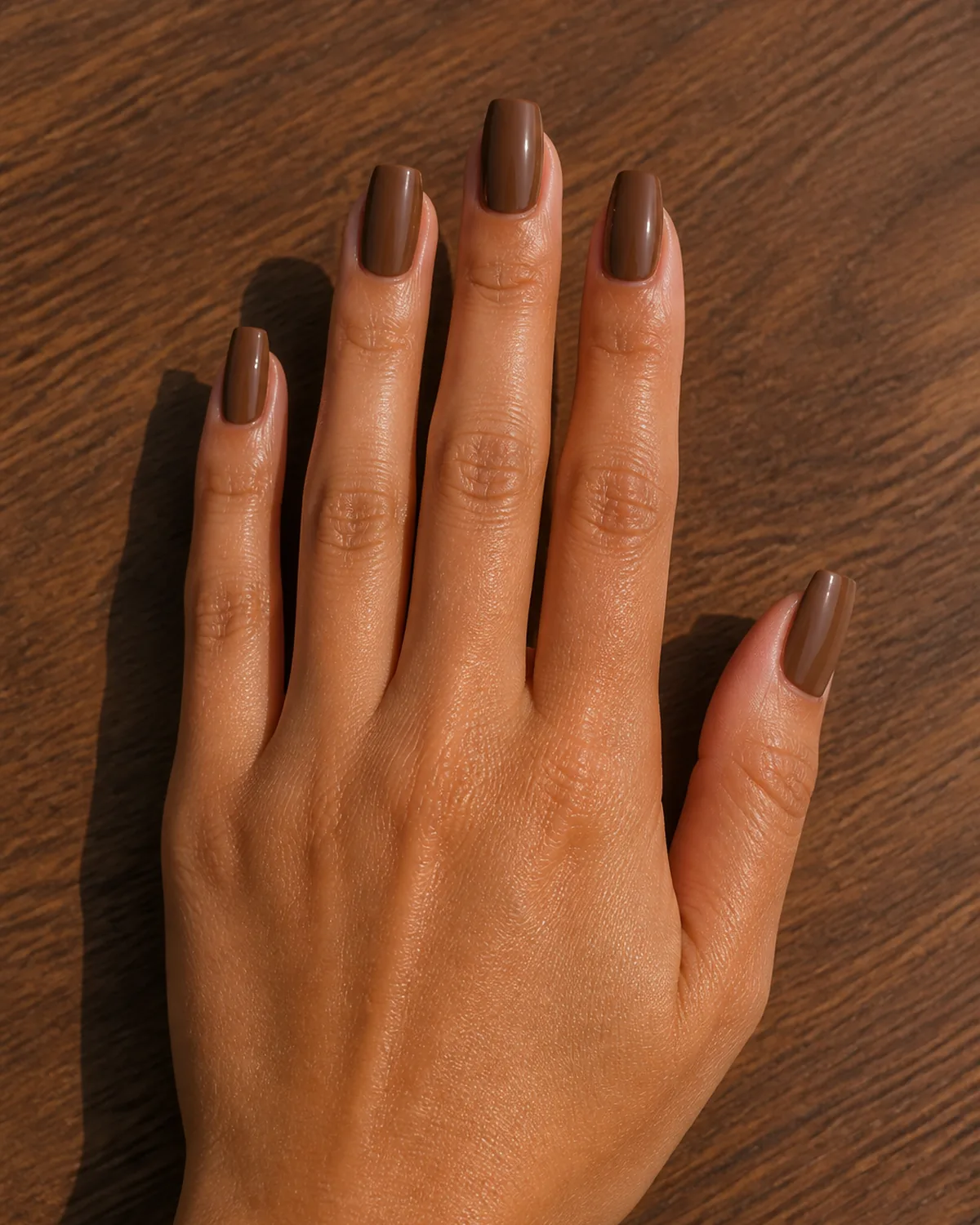 Close-up of short coffin nails in warm cocoa brown glossy polish covering the entire nail with tapered side walls and a clean flat-cut squared free edge, on tan skin resting on warm walnut wood