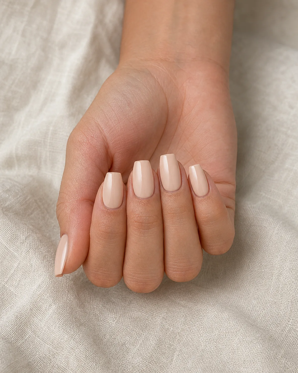 Close-up of short coffin nails in a soft nude cream polish covering the entire nail with tapered side walls narrowing to a flat-cut squared free edge, on light-medium skin resting flat on pale oat linen