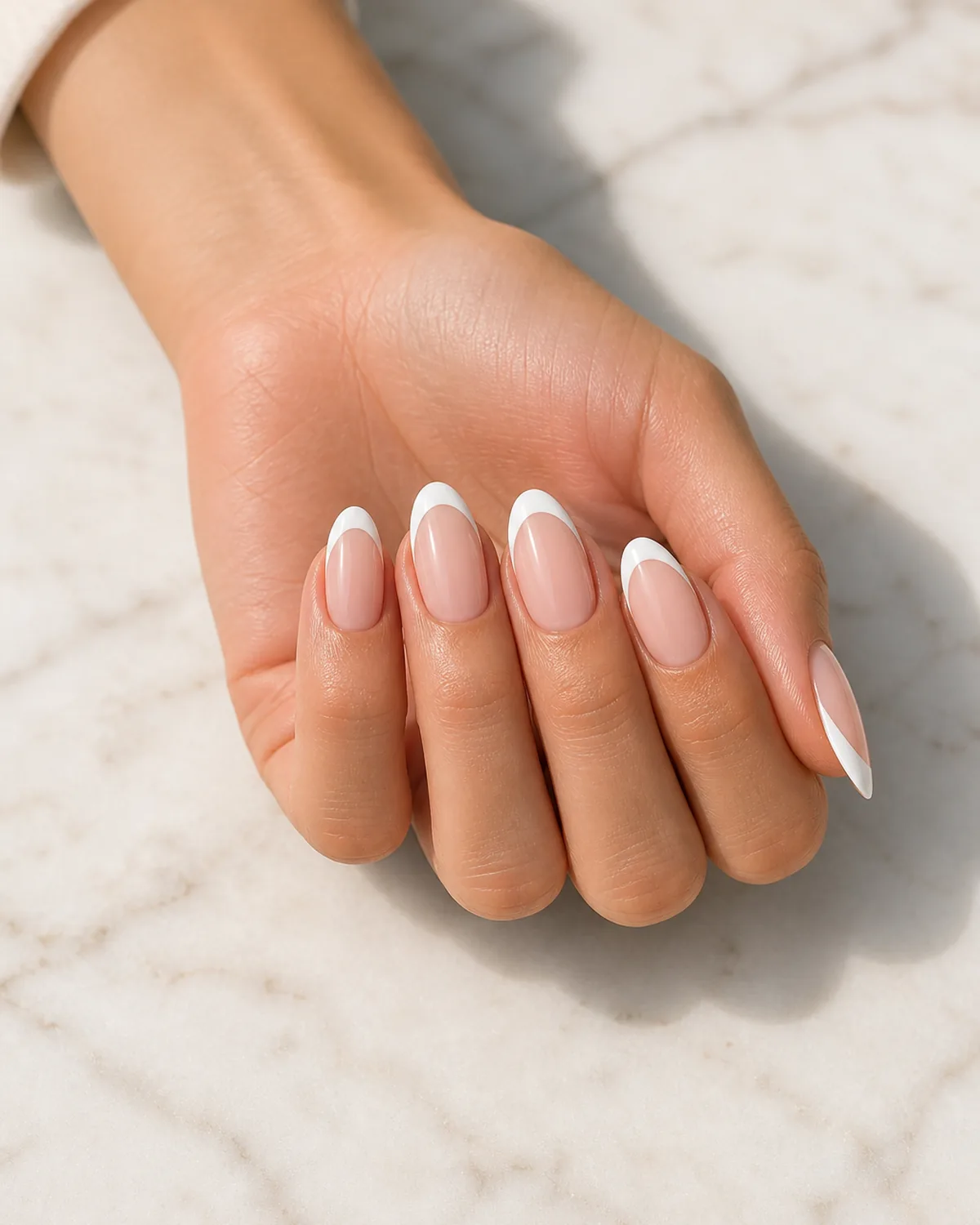 Close-up of medium almond nails in classic white French with a clean opaque crisp white smile band on a sheer nude base, on light-medium skin resting on pale marble