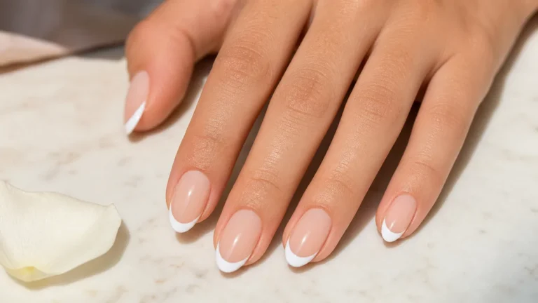 A hero close-up of medium almond nails in classic crisp white French tip with a clean opaque smile-line band on a sheer nude base, on light-medium skin resting on a pale marble tabletop with a single white rose petal