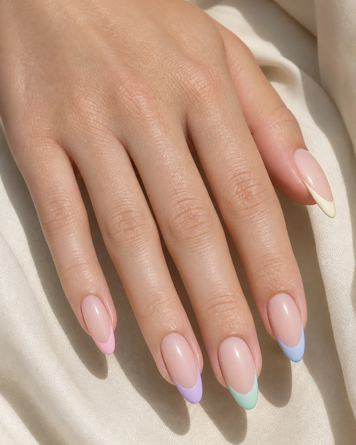 Close-up of medium almond nails in multi-color pastel French with five different pastel smile bands of soft pink, lilac, pale mint, sky blue, and cream-white on a shared sheer nude base, on fair skin resting on cream fabric