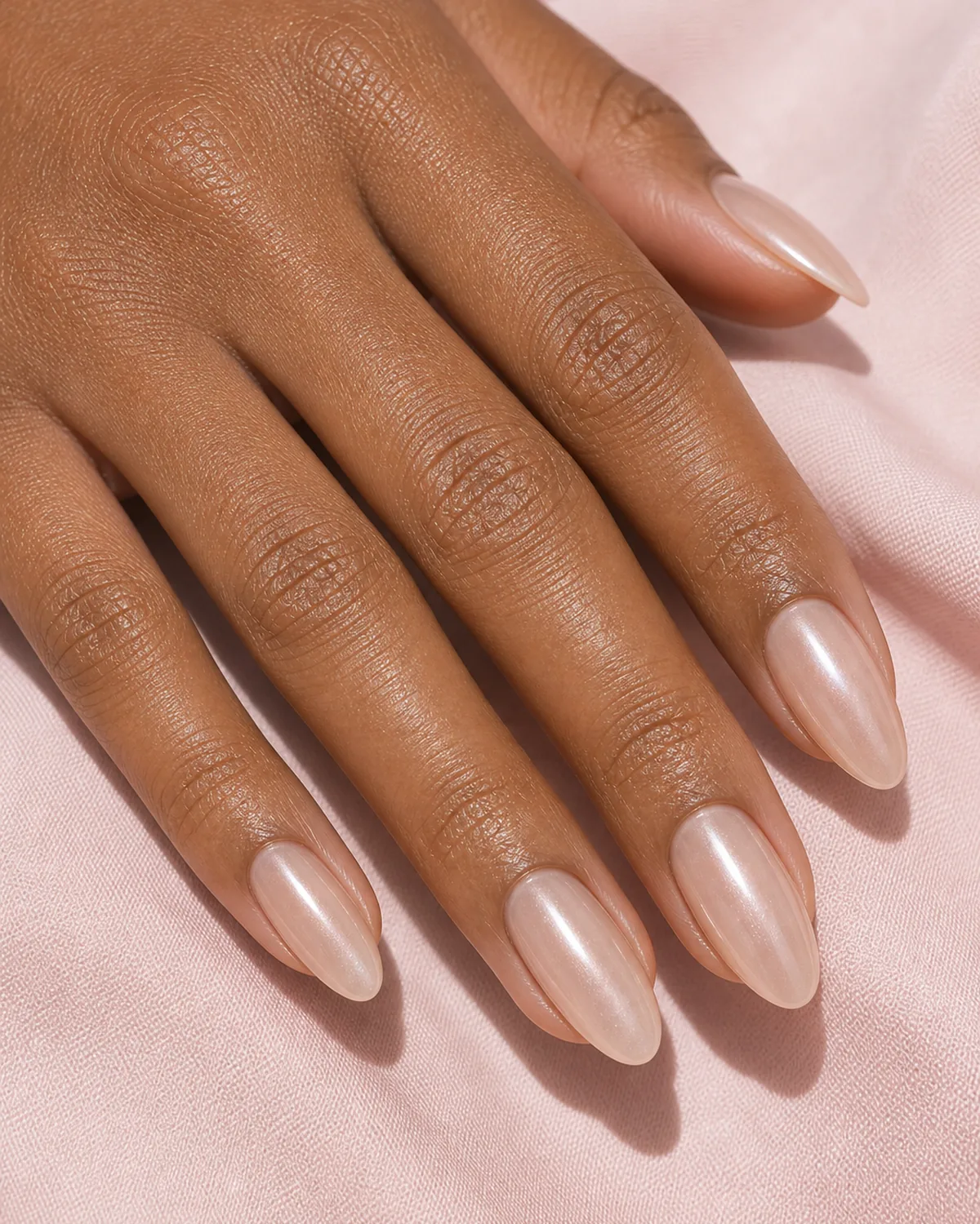 Close-up of medium-length almond nails in a nude glazed donut finish with an everyday editorial pearl wash, on medium-deep skin against soft-pink fabric