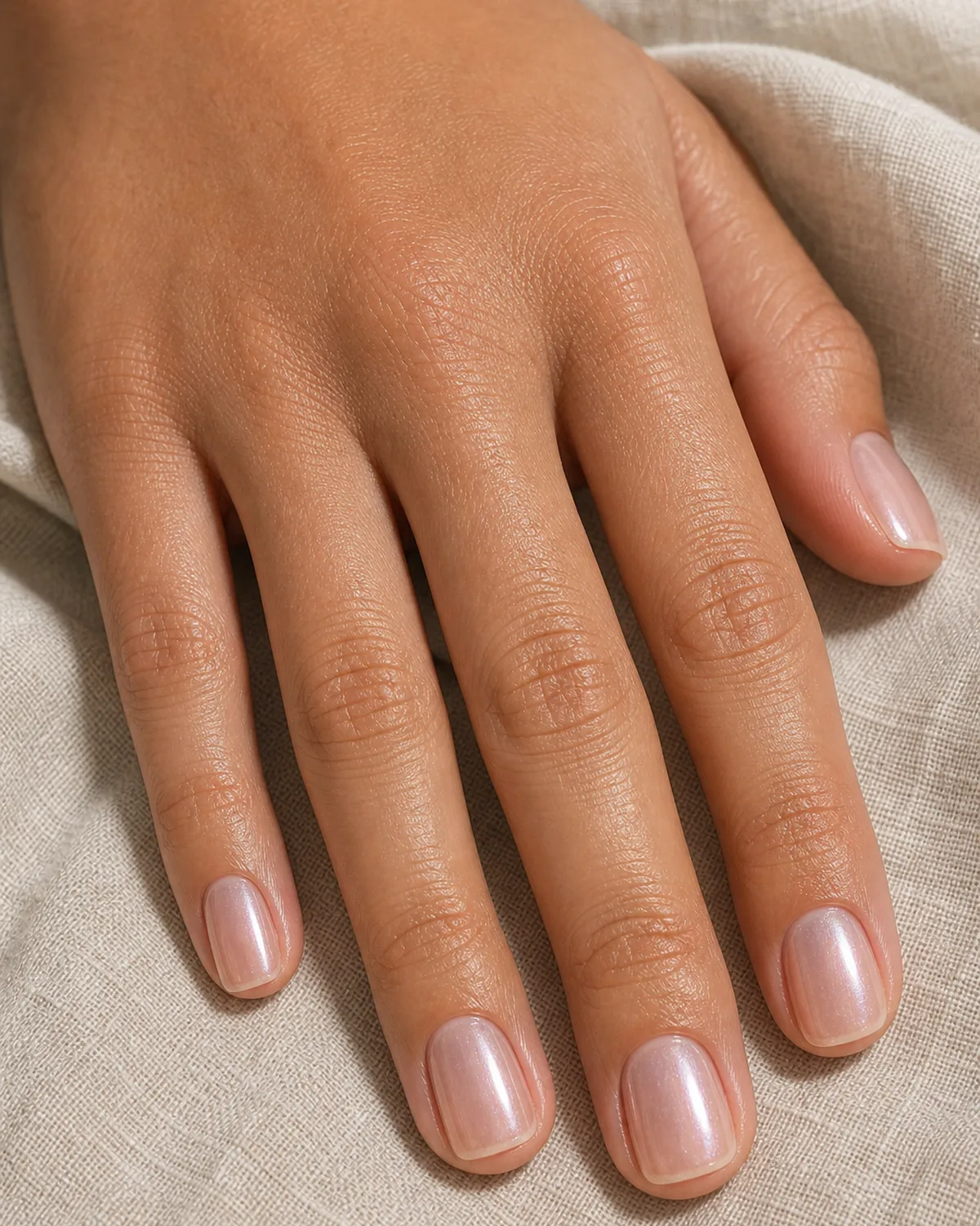 Close-up of short squoval nails in a barely-there glazed donut finish on a near-bare base with a whisper of pearly sheen, on tan skin resting on oat linen
