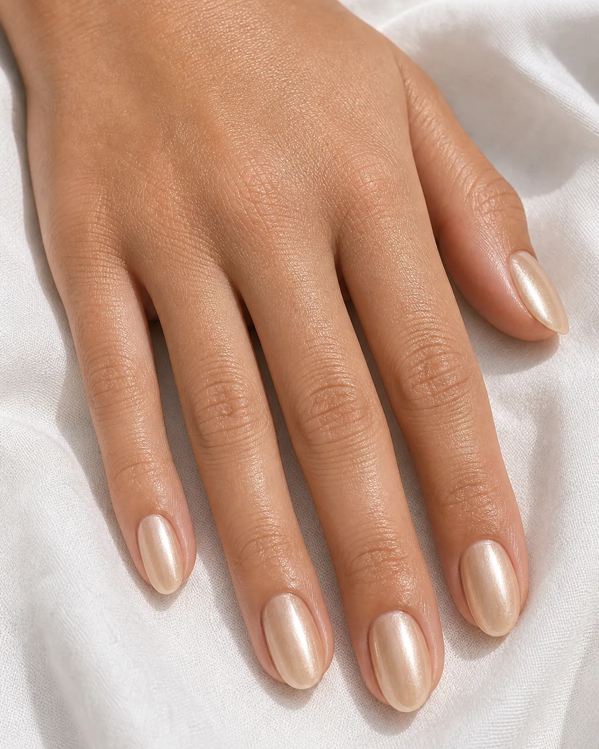 Close-up of oval nails in a warm champagne glazed donut finish with a soft pearl chrome-dust topper, on medium skin resting on white fabric