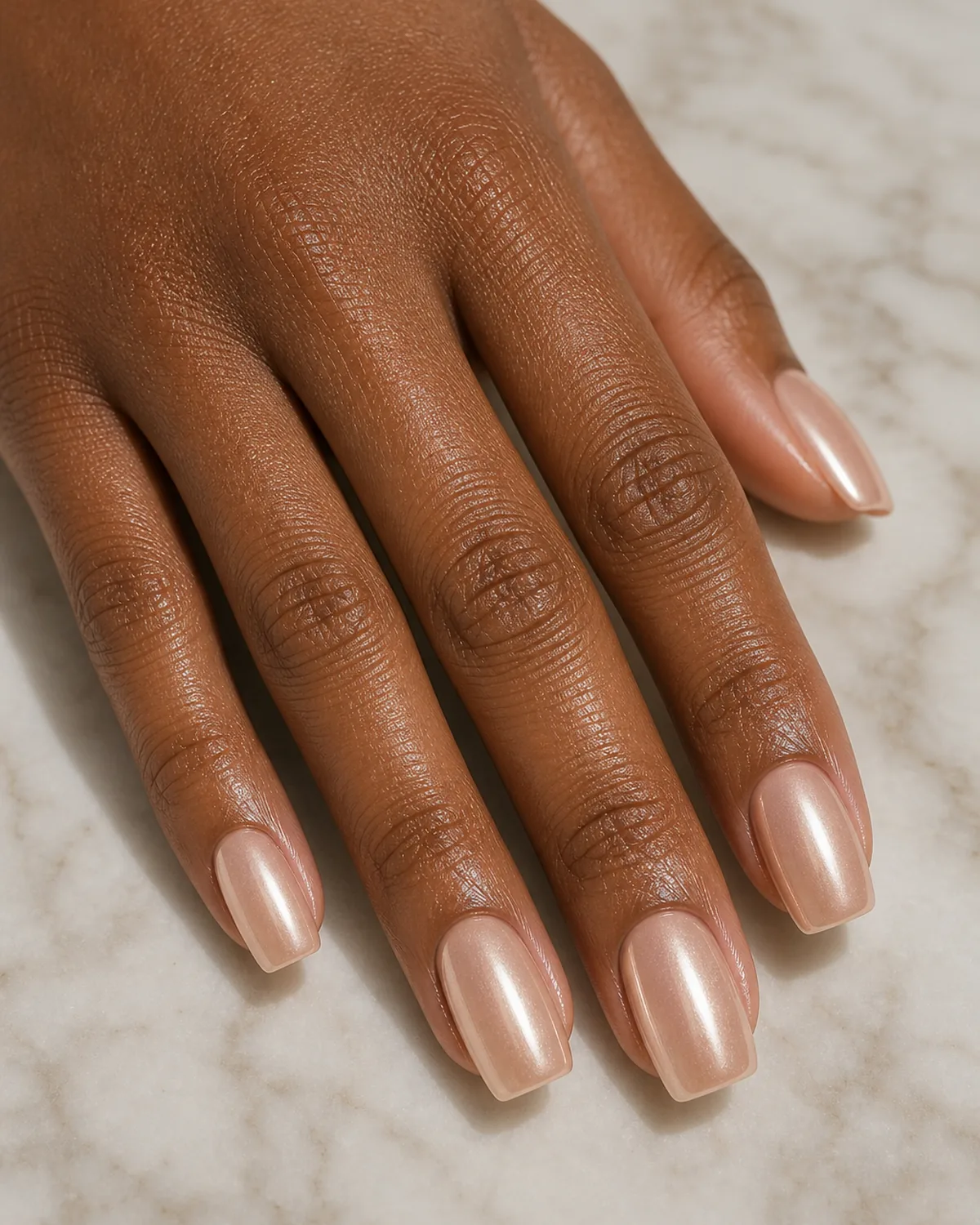 Close-up of medium squoval nails in a nude base under a heavier chrome-dust glazed donut topper, a uniformly pearly all-over sheen that reads soft not mirror, on medium-deep skin resting on pale marble