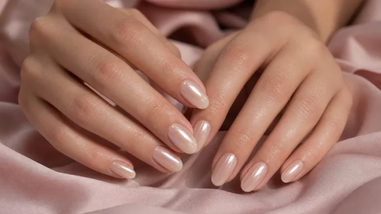A hero close-up of medium almond nails in the original Hailey Bieber sheer-nude glazed donut finish, a soft pearly chrome-dust topper over a clean nude base, on light-medium skin resting on soft-pink fabric