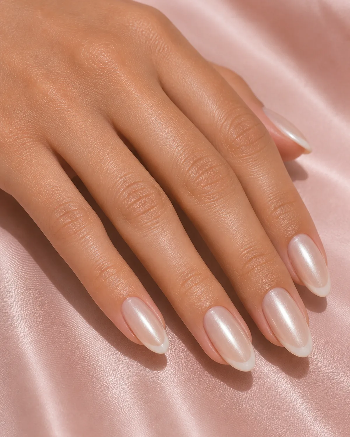 Close-up of almond nails in a soft white French tip layered under a full pearly glazed donut topper across the whole nail, on light-medium skin resting on soft-pink silk