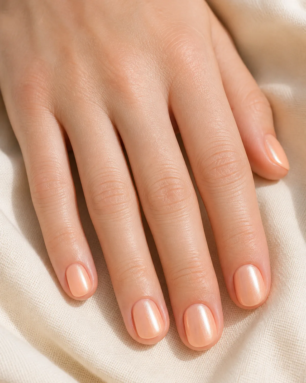 Close-up of short round nails in a peach glazed donut finish with a sun-warmed pearl topper, on fair skin resting on cream fabric