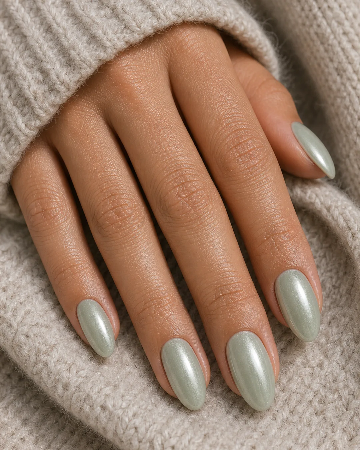 Close-up of oval nails in a sage green glazed donut finish with a soft botanical pearl wash, on tan skin resting on a soft knit sleeve