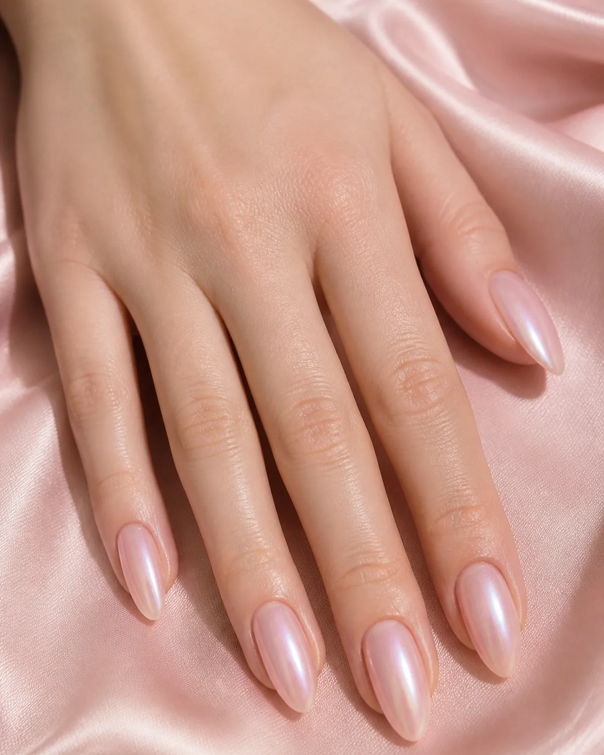 Close-up of medium almond nails in a soft pink glazed donut finish with a romantic pearl topper, on fair skin resting on soft-pink silk
