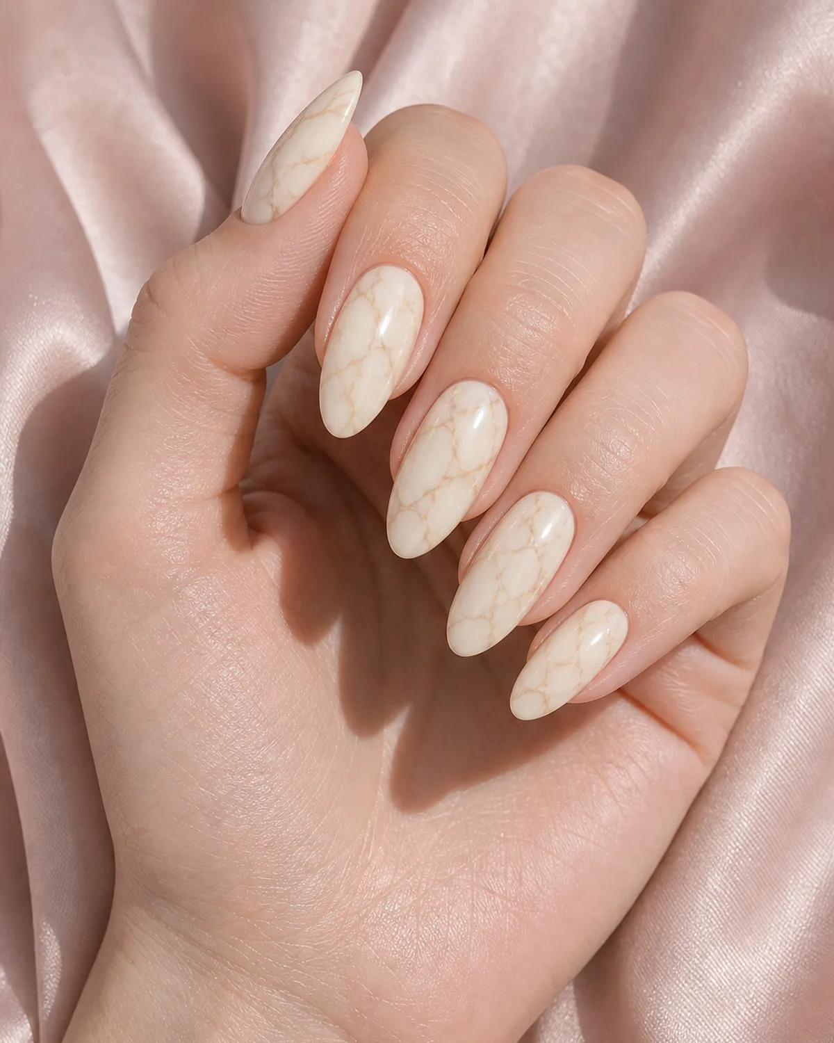 Close-up of medium almond nails in cream marble with thin warm-beige branching veins on an off-white base, on fair skin resting on soft-pink silk
