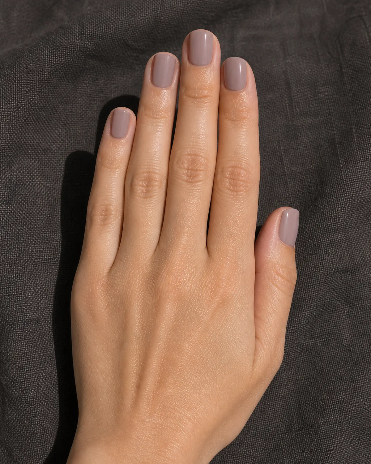 Close-up of short square nails in cool dusty mauve cream lacquer covering the entire nail surface in a soft creamy haze, on light-medium skin resting on charcoal linen