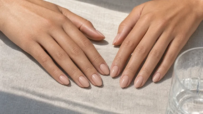 A hero close-up of medium almond nails in sheer bare-nude glossy lacquer covering the entire nail surface from cuticle to tip, on light-medium skin resting on a pale oat linen tabletop with a single glass tumbler edge softly out of focus
