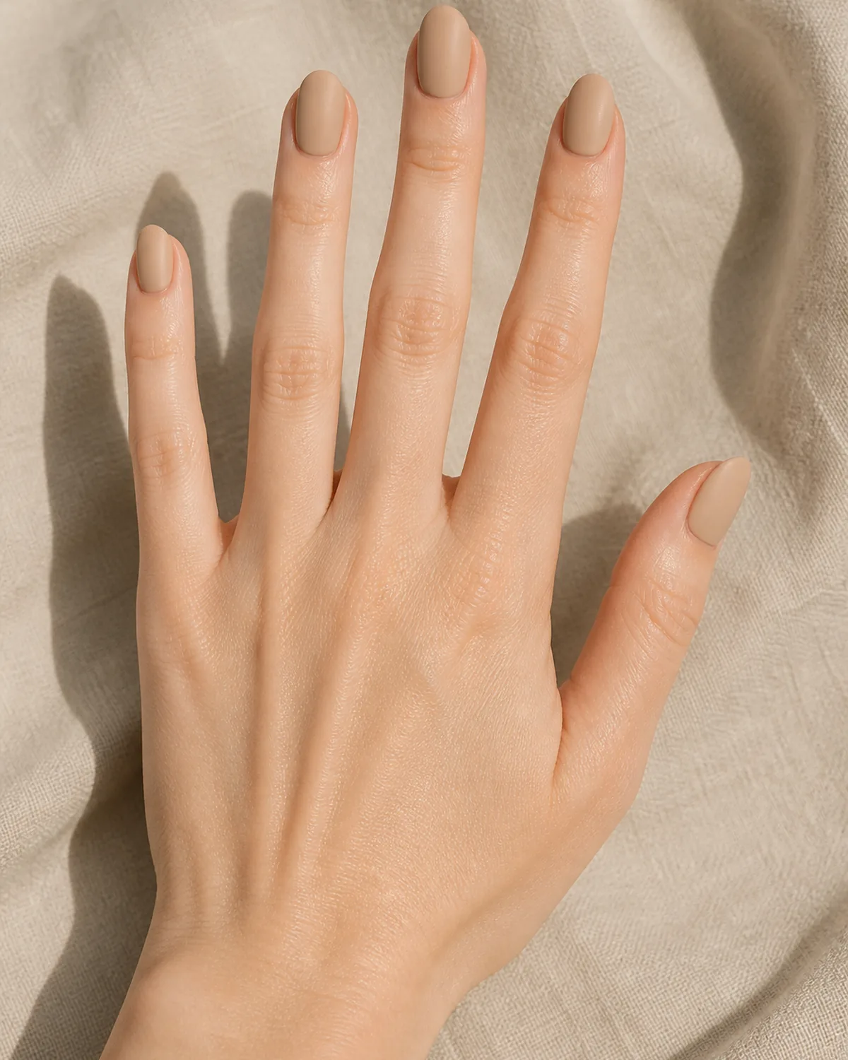 Close-up of short almond nails in powdered matte beige sand drift with a flat dust-soft surface covering the entire nail, on fair skin against pale sand fabric