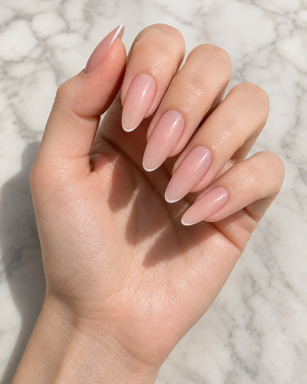 Close-up of long almond nails in sheer pink-nude lacquer covering the entire nail body with a hair-thin milky white micro band at the very tip, fingertips pointing toward camera on pale marble, on fair skin