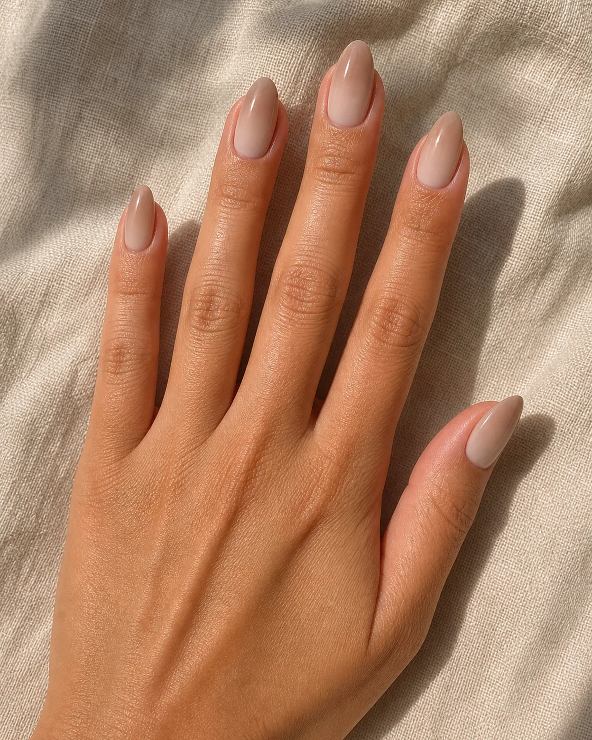 Close-up of medium almond nails in tonal nude ombre with a milky cream cuticle blending smoothly into a warm mocha-beige tip across the entire nail, on medium skin resting on warm beige linen