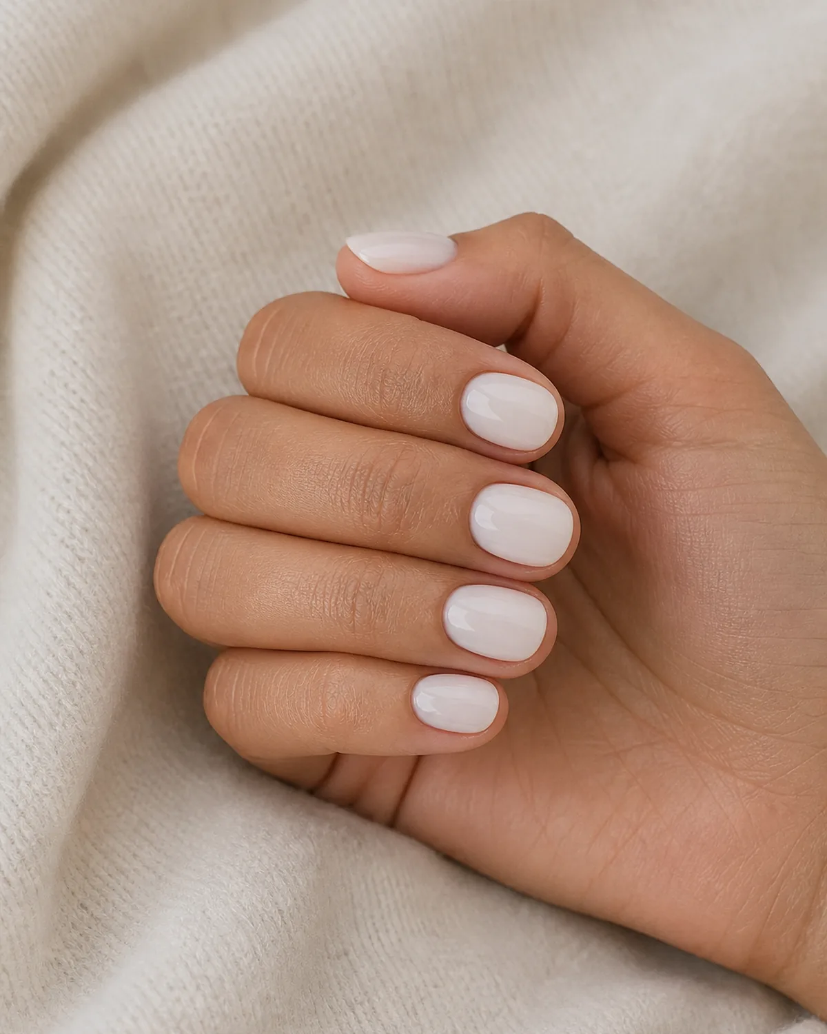 Close-up of short round nails in milky white cream covering the entire nail surface in a soft opaque cream finish, on medium skin resting on ivory cashmere
