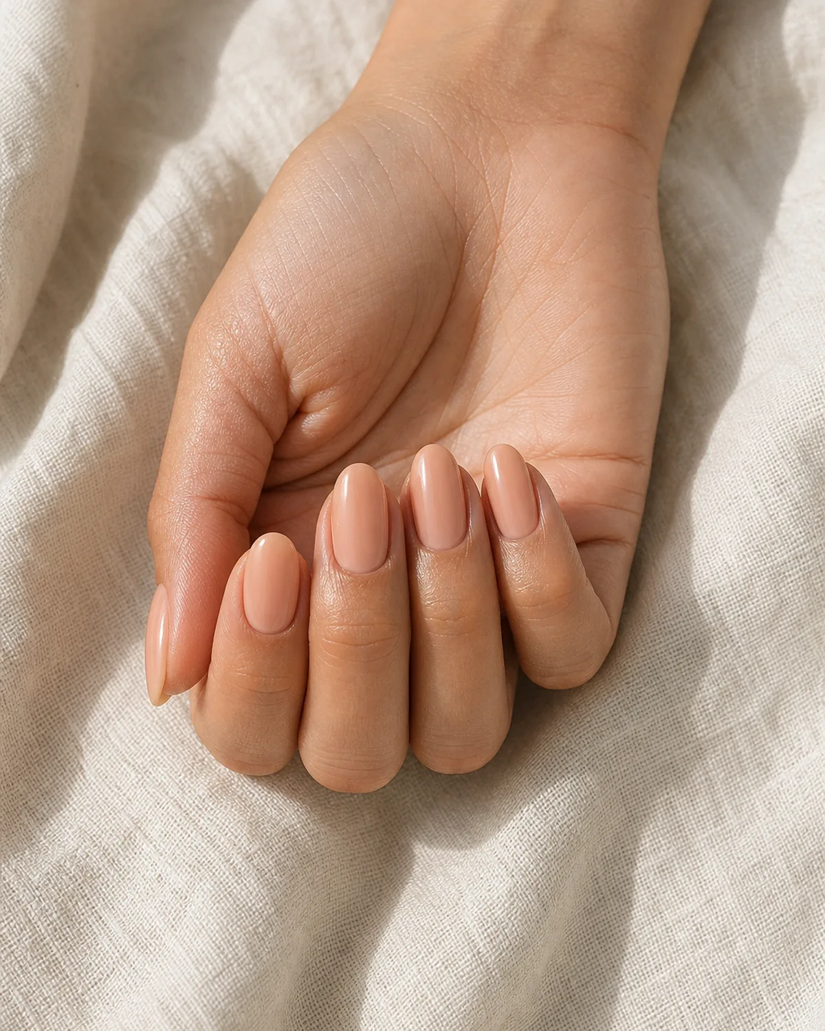 Close-up of medium oval nails in peach-nude soft sheen lacquer covering the entire nail with a warm peach lean, on light-medium skin resting cupped palm-up on cream linen