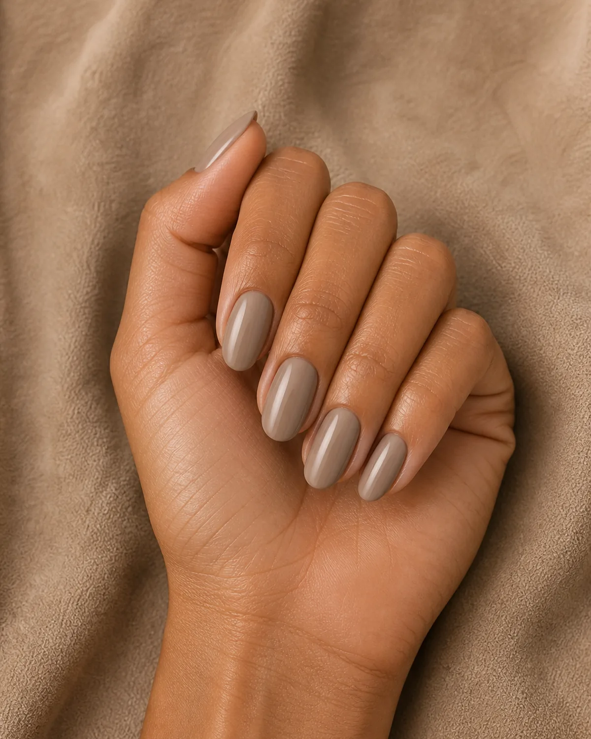 Close-up of medium oval nails in satin brushed taupe with a soft diffused pearl sheen covering the entire nail surface, on tan skin resting on warm beige suede