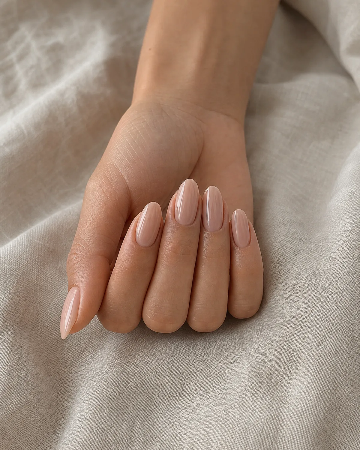 Close-up of medium almond nails in sheer bare-nude glossy translucent lacquer covering the entire nail surface, the natural nailbed glowing through, on light-medium skin resting on pale oat linen