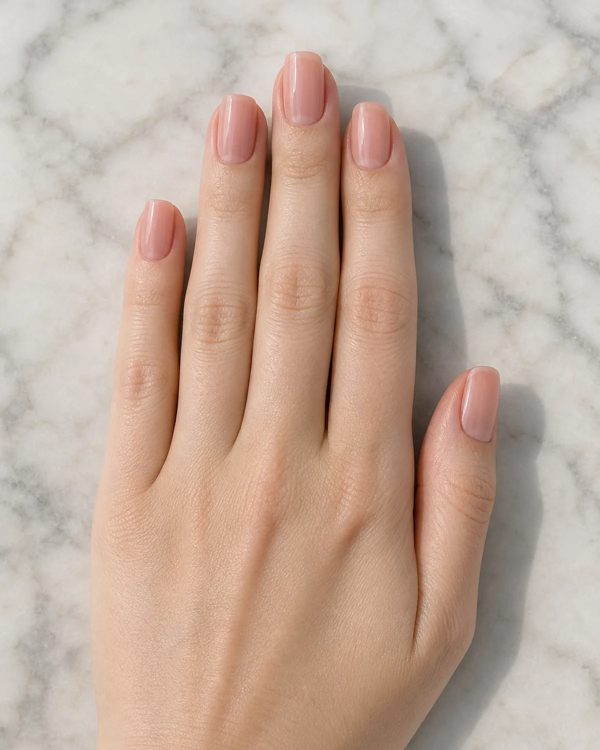 Close-up of medium squoval nails in sheer pink-nude glaze with a glassy clear top coat covering the entire nail, on light skin on pale marble