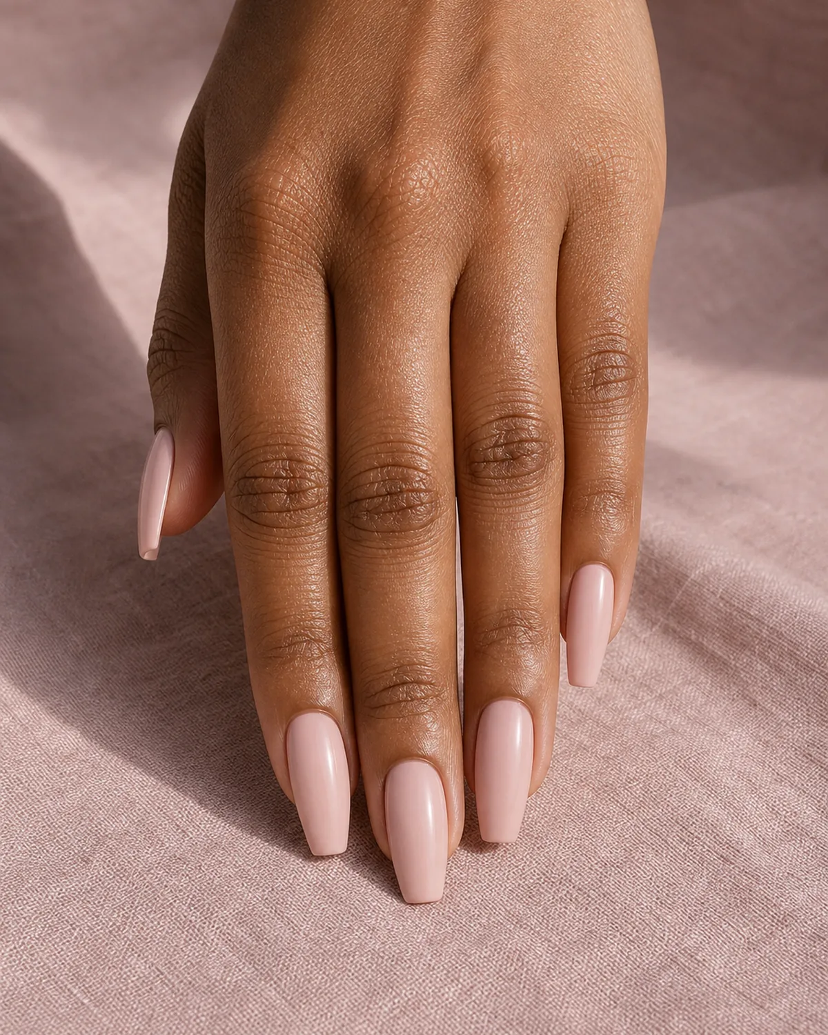 Close-up of medium coffin nails in soft cool pink-nude cream covering the entire nail surface in a quiet matte-cream finish, on medium-deep skin resting on soft-pink linen