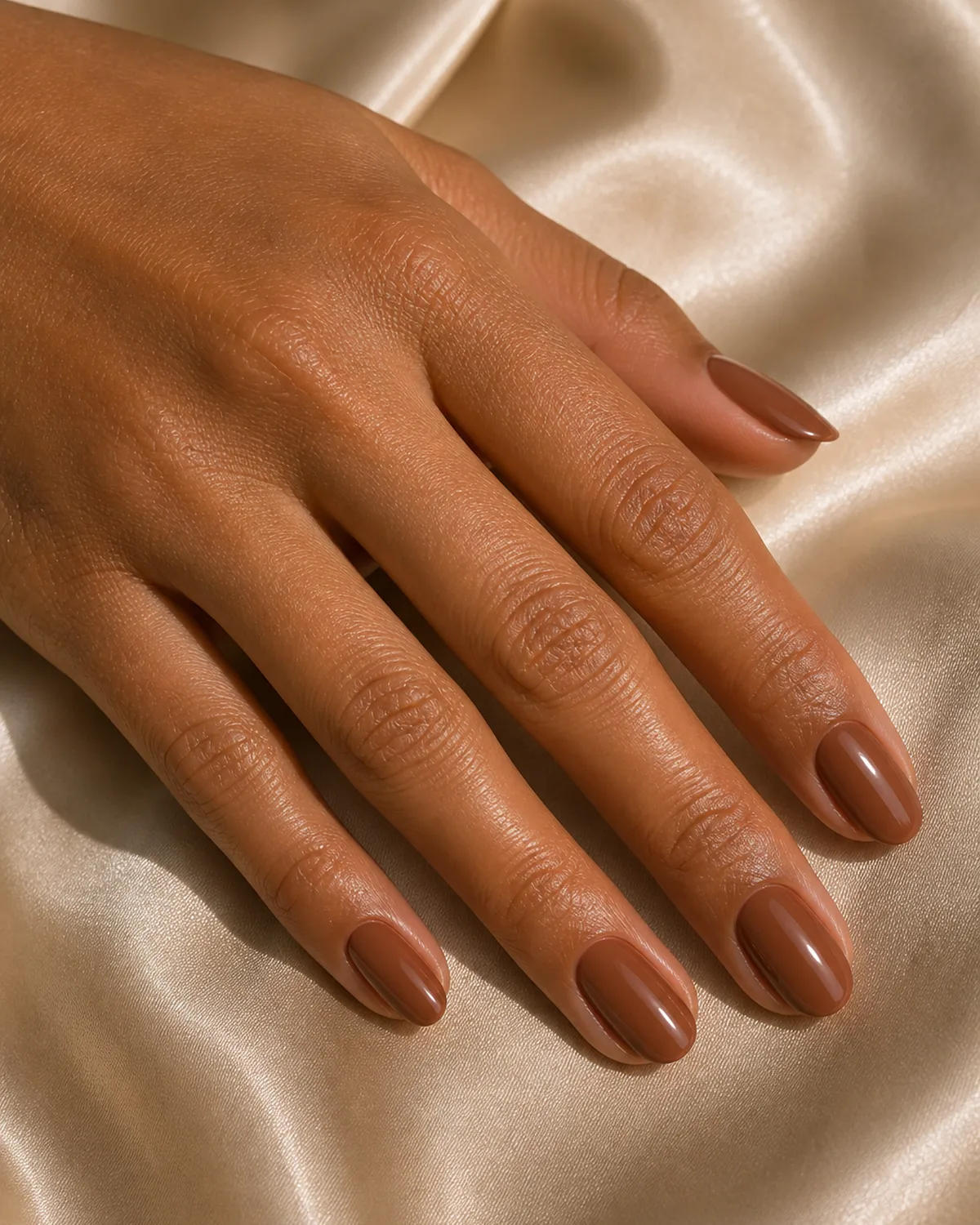 Close-up of medium oval nails in warm cinnamon-nude lacquer with a softly glossy classic finish covering the entire nail surface, on tan skin resting on champagne silk