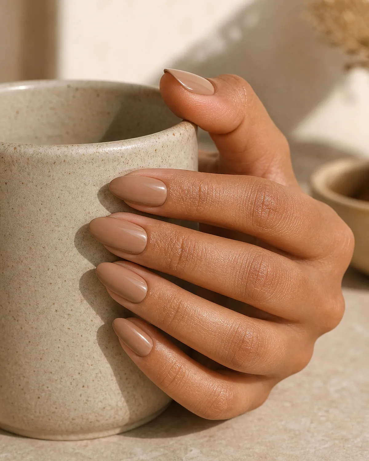 Close-up of medium almond nails in warm mocha latte nude with a milk-heavy caramel-latte beige-mocha covering the entire nail surface, on medium skin holding the edge of a stoneware mug