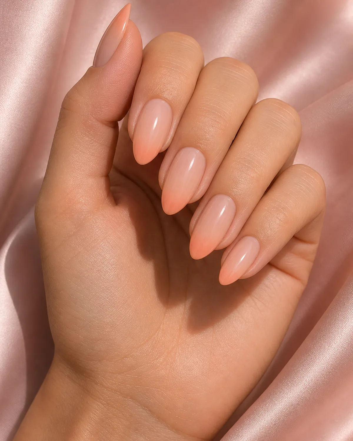 Close-up of almond nails with a sheer nude base and a soft nude-to-peach faded tip, the colored tip itself an ombre, on light-medium skin against soft-pink silk