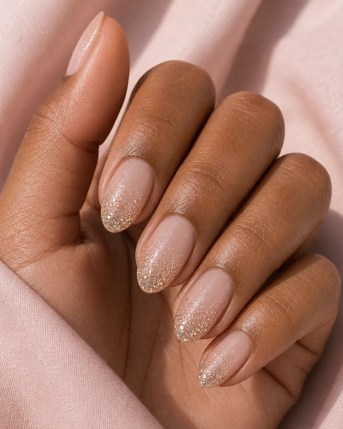 Close-up of oval nails in a glitter fade, a bare nude cuticle fading into fine glitter scattered toward the tip, on medium-deep skin against soft-pink fabric