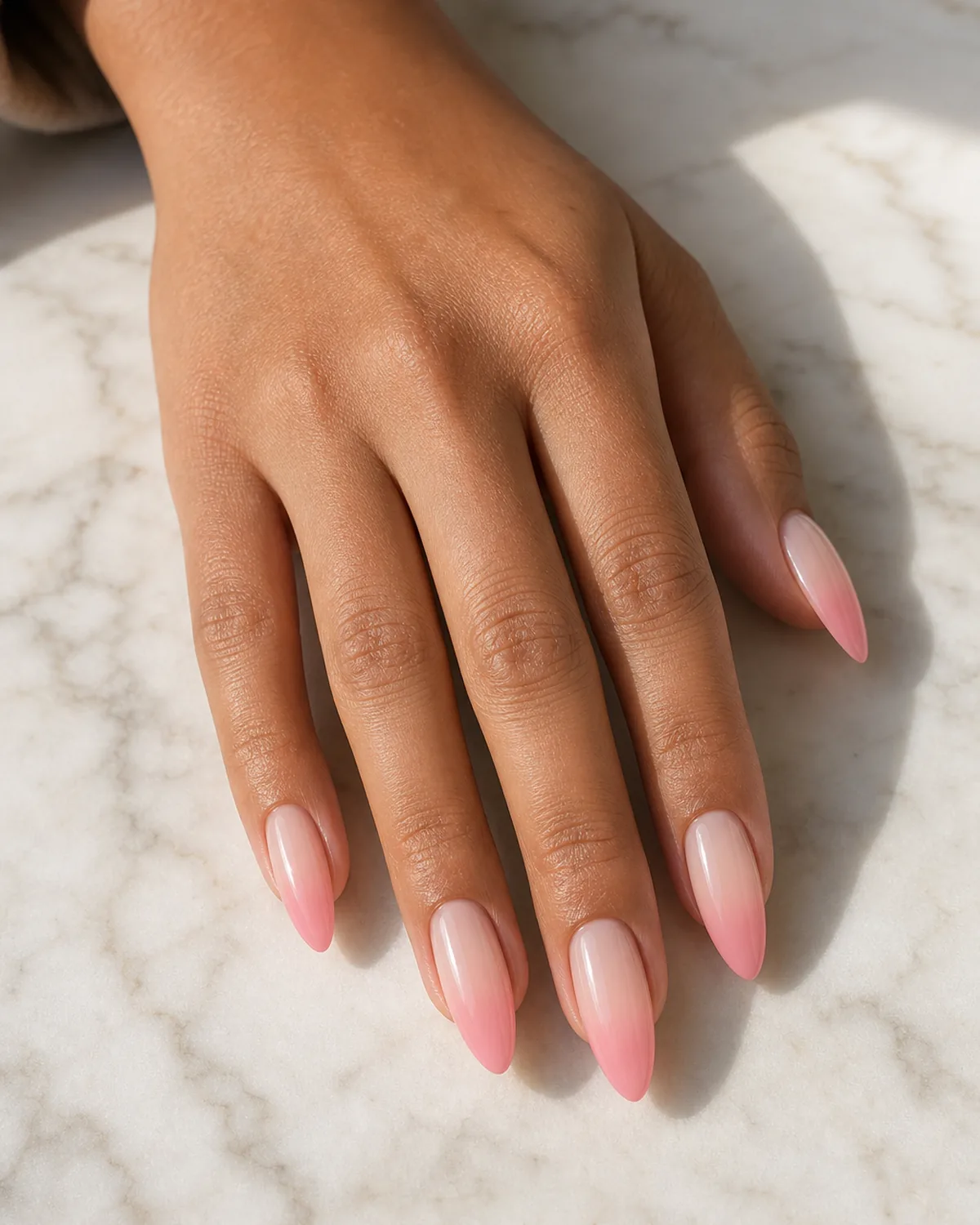 Close-up of medium almond nails in a soft nude-to-pink ombre, the blend smooth and airbrushed, on tan skin against pale marble
