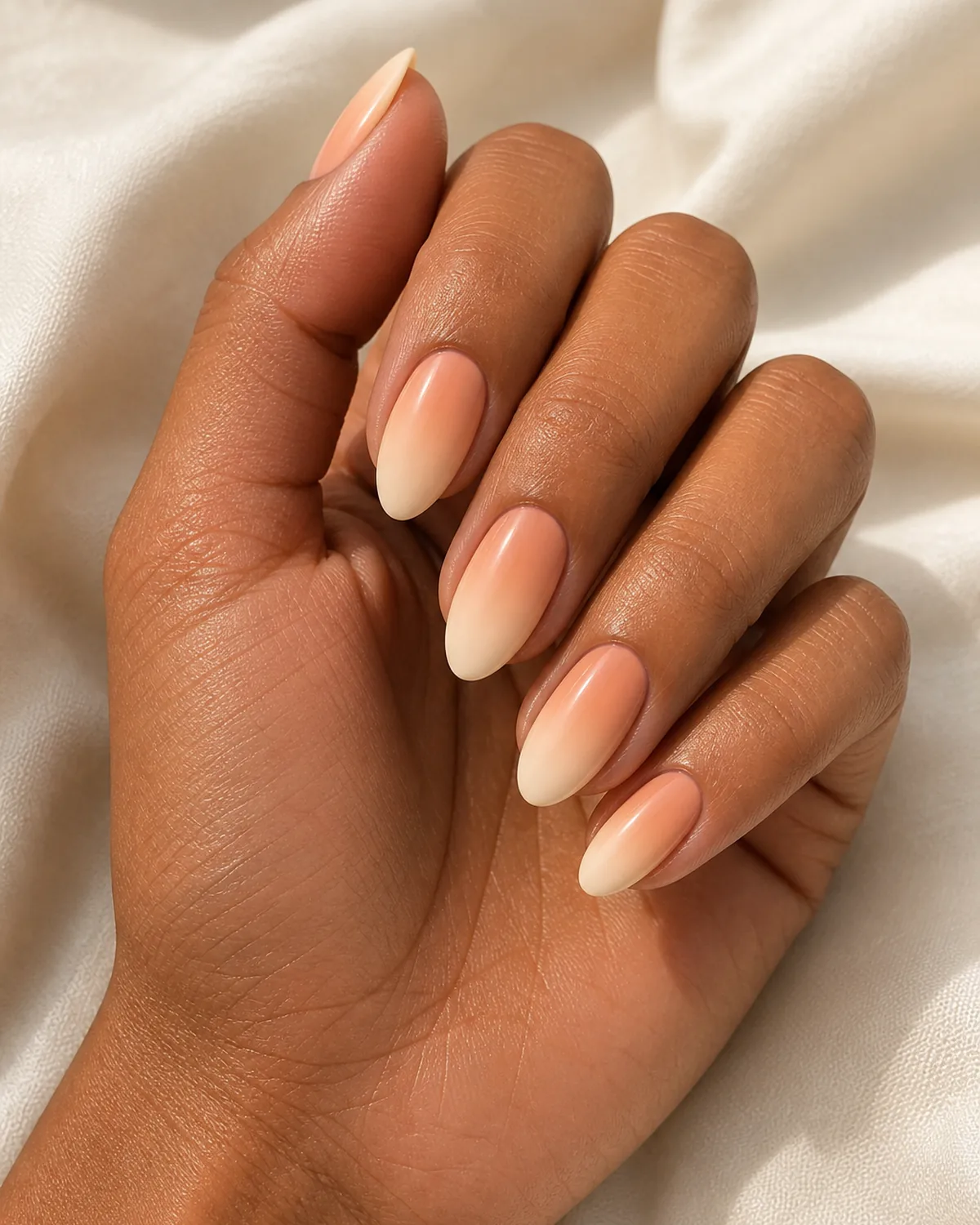 Close-up of almond nails in a peach-to-cream ombre, the blend warm and skin-flattering, on medium-deep skin against cream fabric