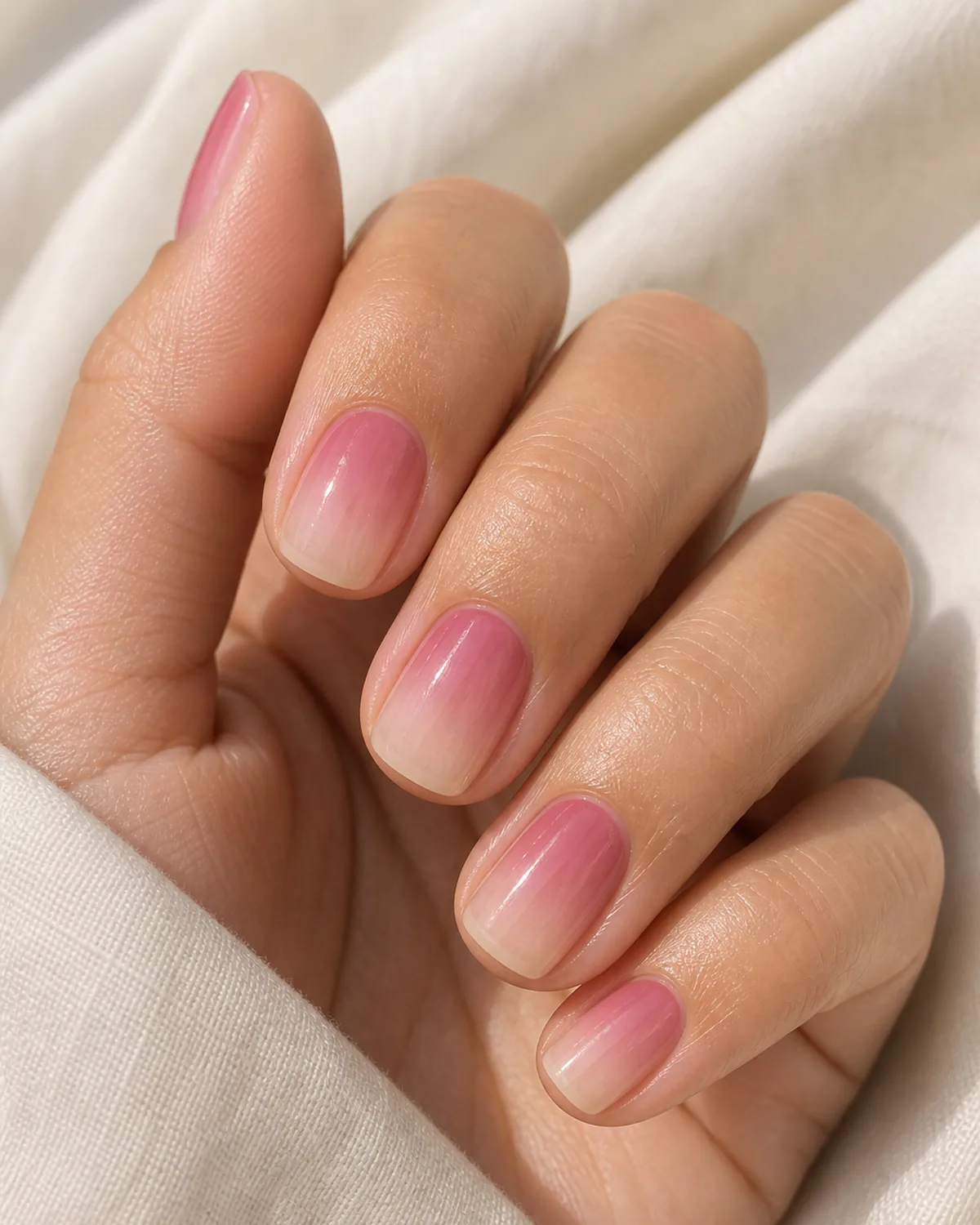 Close-up of short squoval nails in a reverse ombre, a soft berry at the cuticle fading into a bare sheer tip, on light-medium skin resting on cream fabric