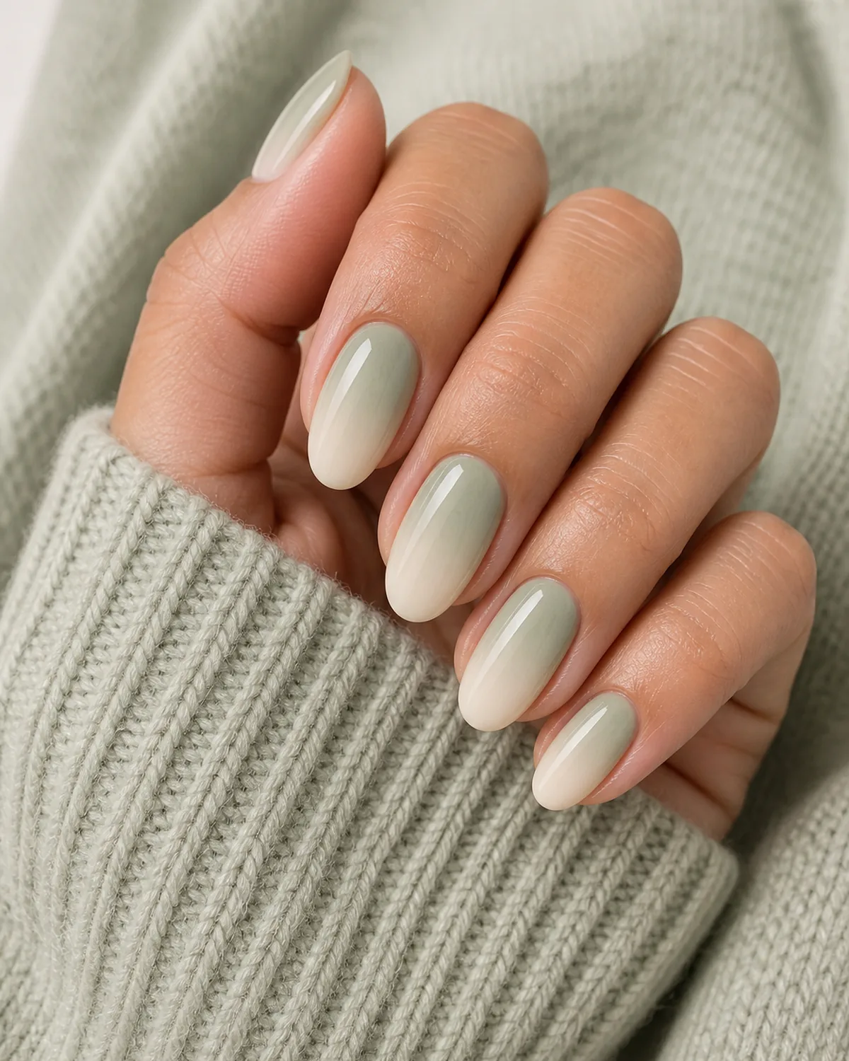 Close-up of medium oval nails in a sage-green-to-cream ombre, the blend earthy and seamless, on light-medium skin resting against a soft knit sleeve