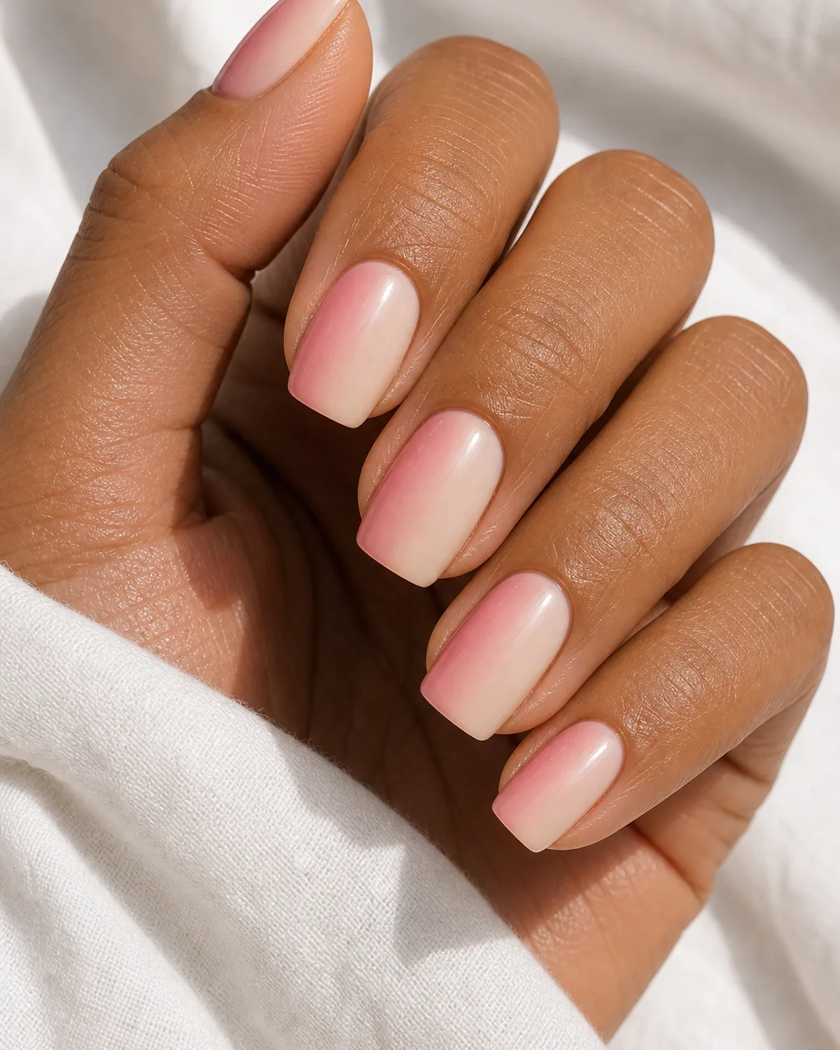 Close-up of medium squoval nails in a vertical side-to-side ombre, the gradient running horizontally across each nail, on tan skin against white fabric