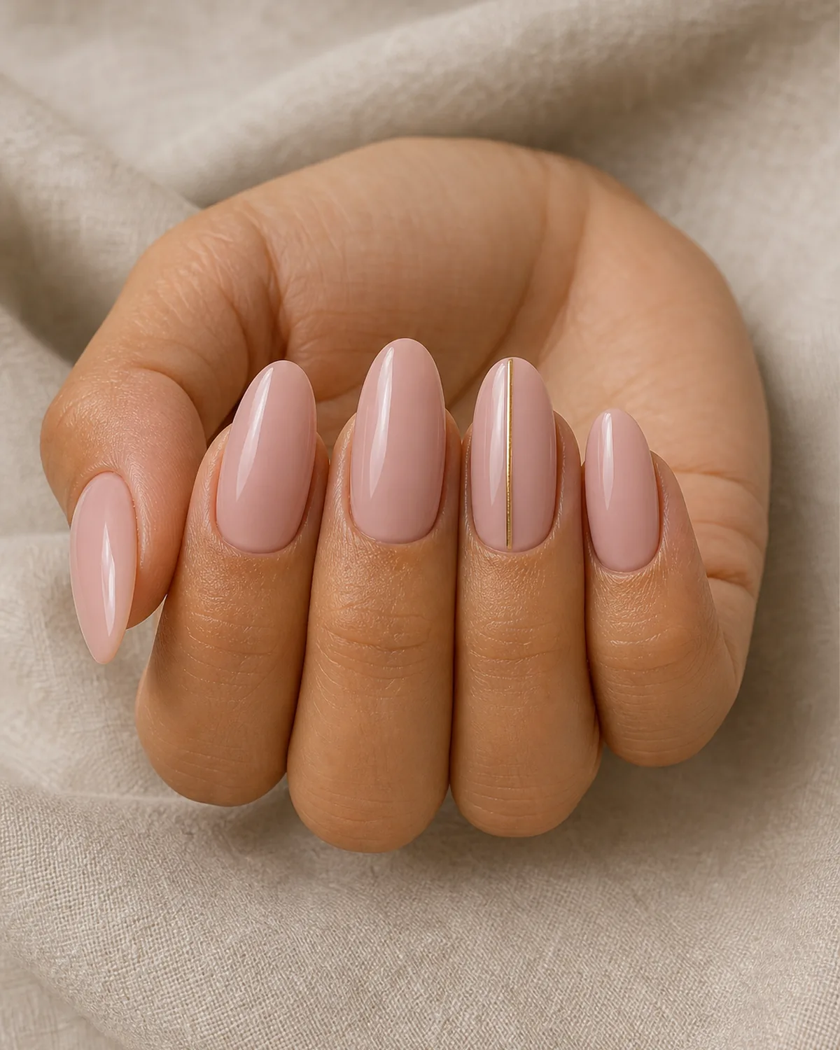 Close-up of a long oval set with bare soft-pink polish across all five nails and a single hair-thin warm-gold vertical line down the center of one accent nail, both side walls curving inward to a soft even U-shaped free edge, on tan skin with fingertips pointing toward the camera in soft foreshortening on pale oat linen