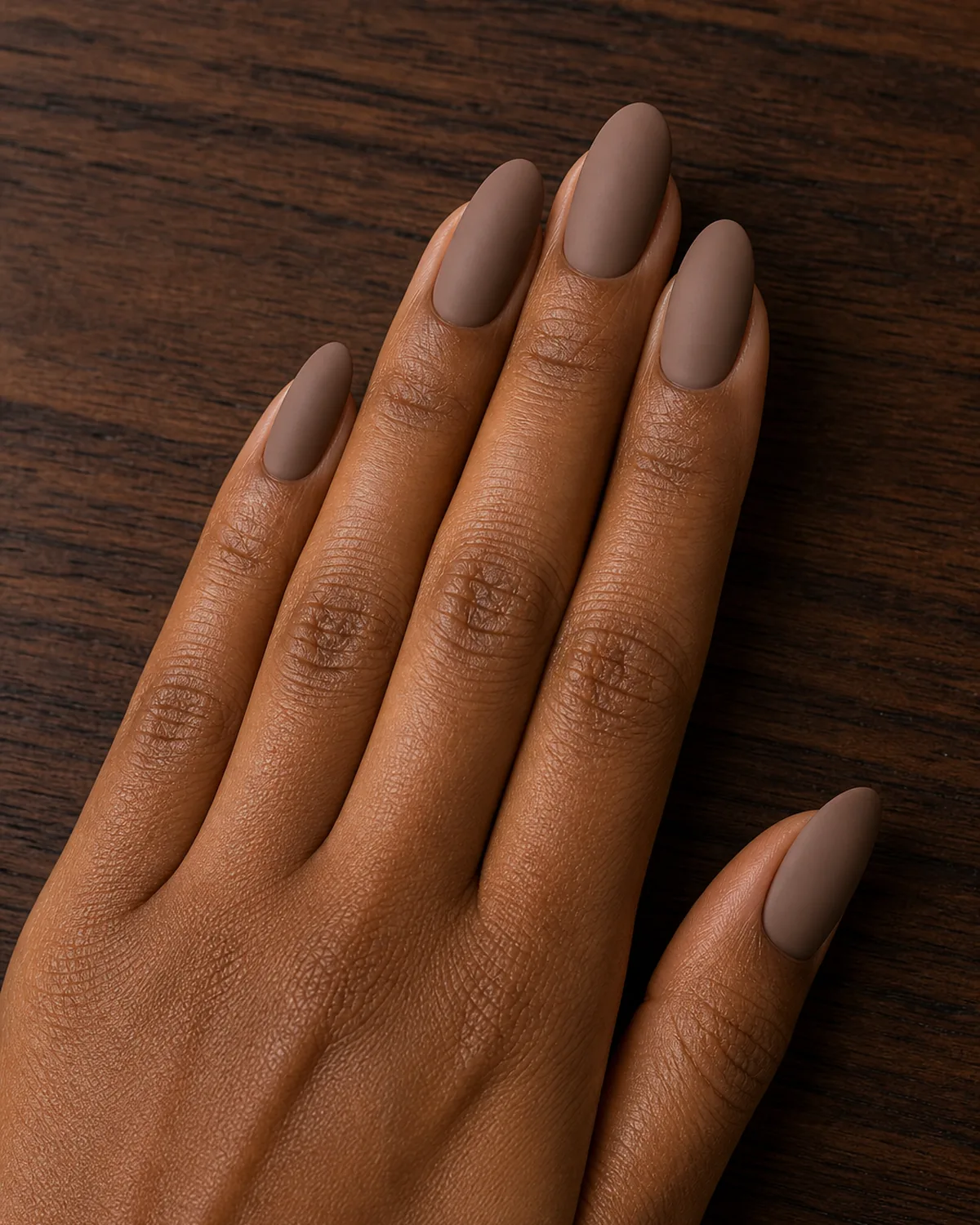 Close-up of long oval nails in a matte warm mocha brown polish covering the entire nail with both side walls curving inward to a soft even U-shaped free edge, on medium-deep skin with hand flat and fingers pressed tightly together on dark walnut wood