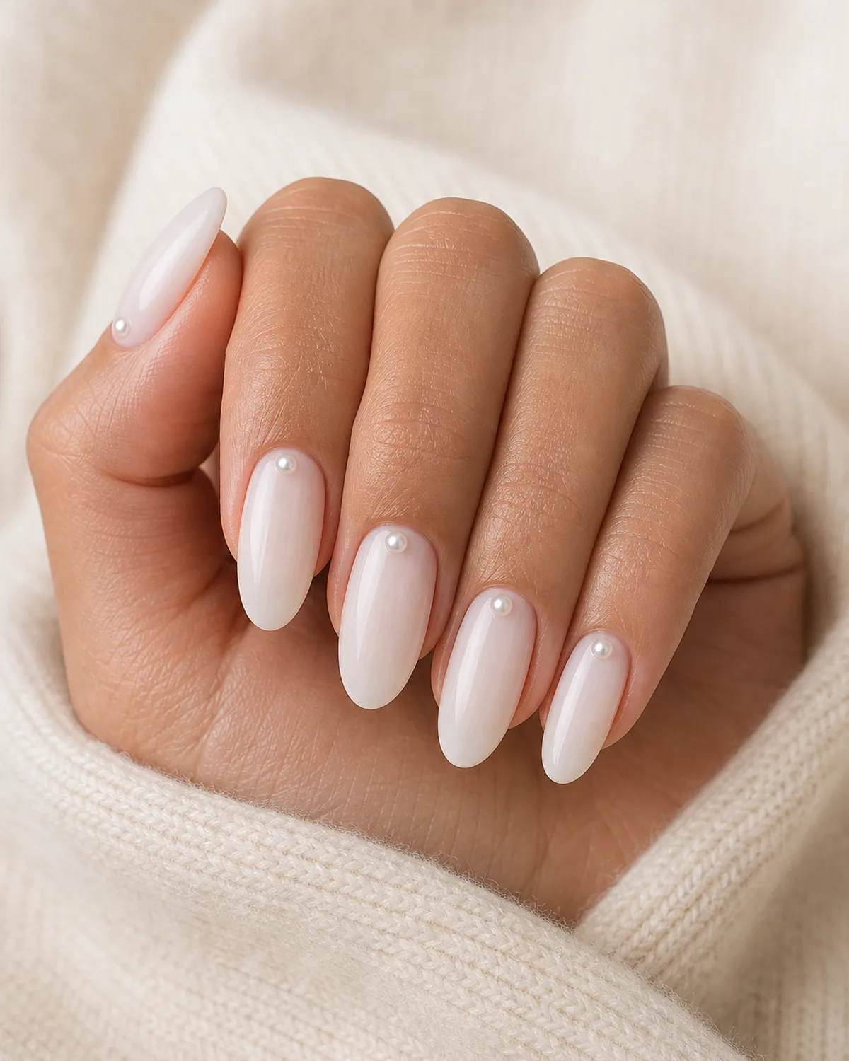 Close-up of long oval nails in a soft milky bed polish with a single off-center pearl bead near the cuticle of each nail, both side walls curving inward to a soft even U-shaped free edge, on light-medium skin with fist knuckles up and fingers curled tight on ivory cashmere