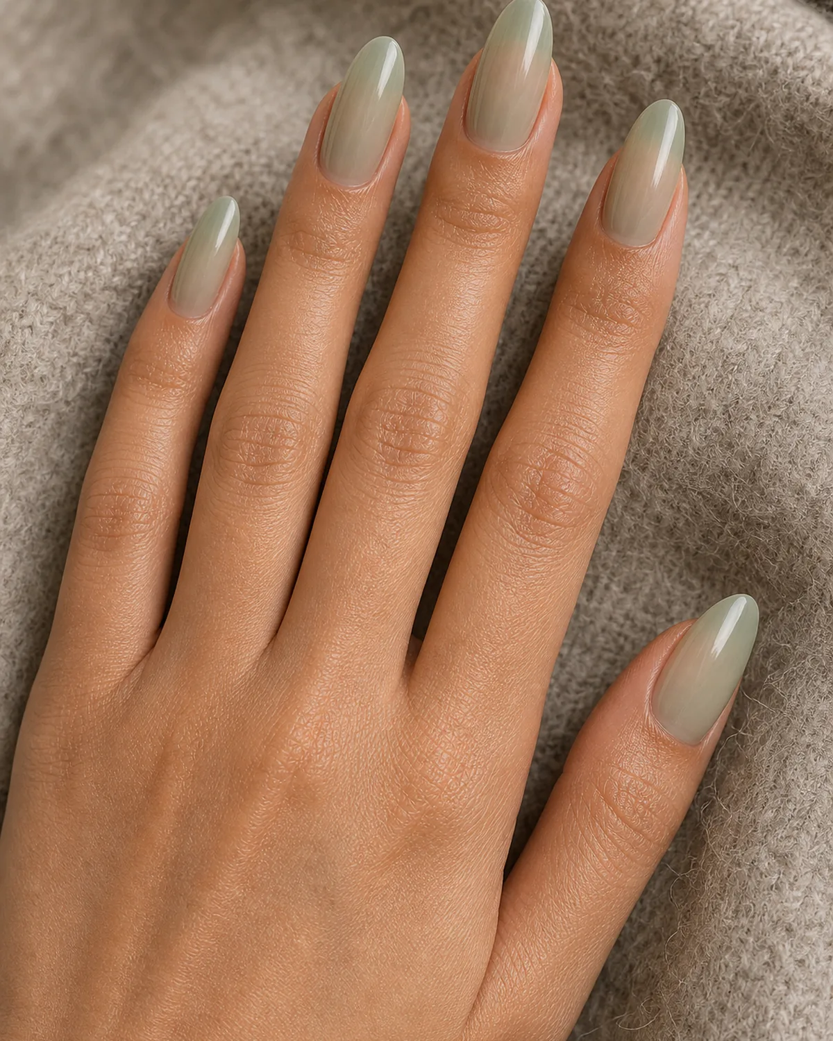 Close-up of long oval nails in a sheer sage-green wash polish covering the entire nail in a translucent veil with both side walls curving inward to a soft even U-shaped free edge, on medium skin with hand flat thumb tucked and fingers splayed on soft taupe wool
