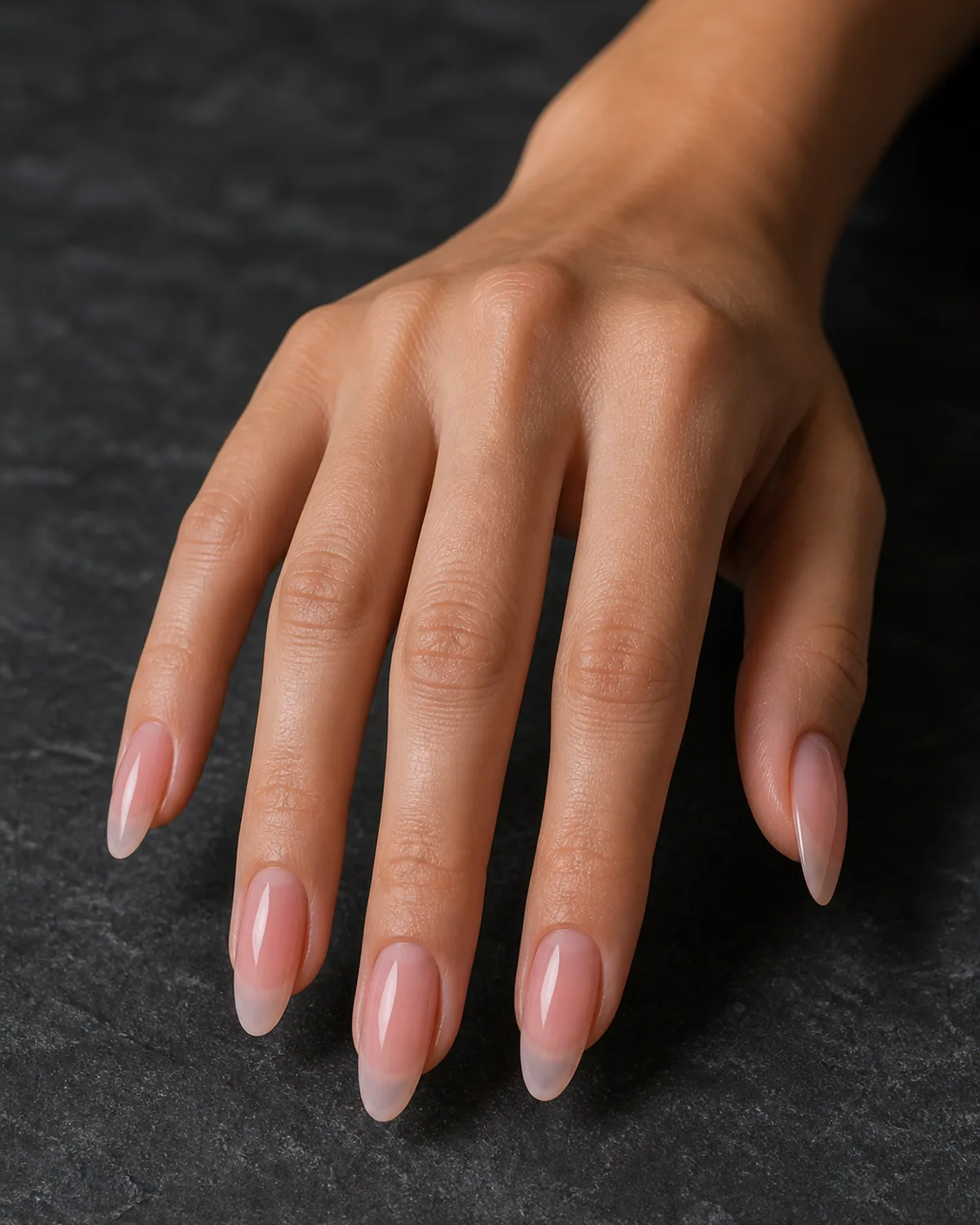 Close-up of long oval nails in a sheer pink wash polish covering the entire nail in a translucent veil with both side walls curving inward to a soft even U-shaped free edge, on light-medium skin with hand arched fingers down fanned piano-style on charcoal stone